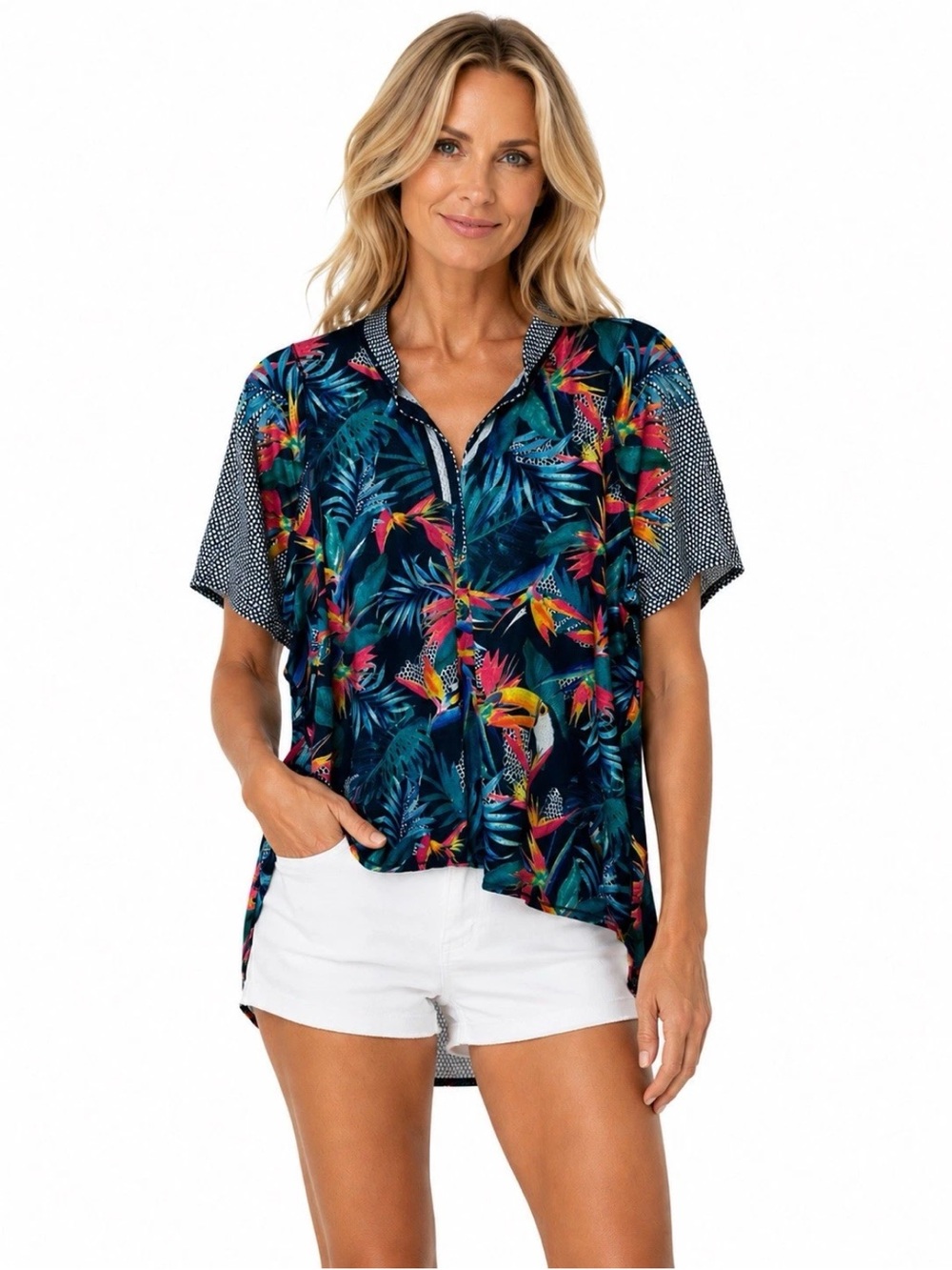 Lucky In Love Techno Tropic Short Sleeve Shirt Size Large Semi Fitted NWT